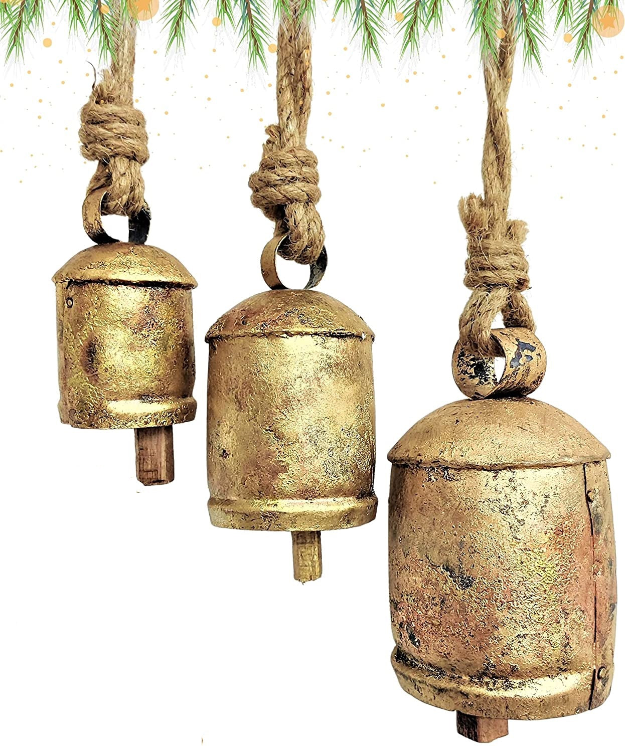 Harmony 4 Cow Bells Cluster on Rope Large Cow Bell with Jute Hanging Rope
