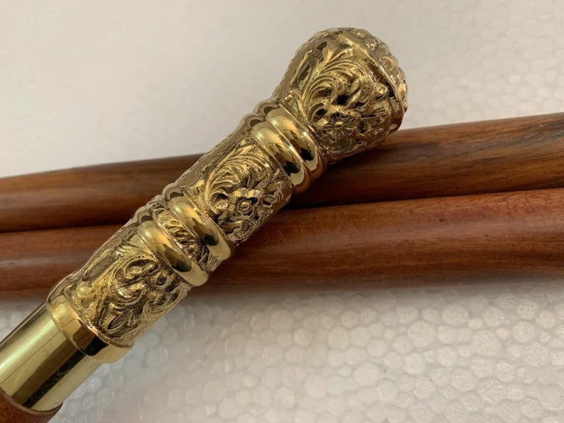 Long Antique Brass Handle Imperial Style Walking Stick