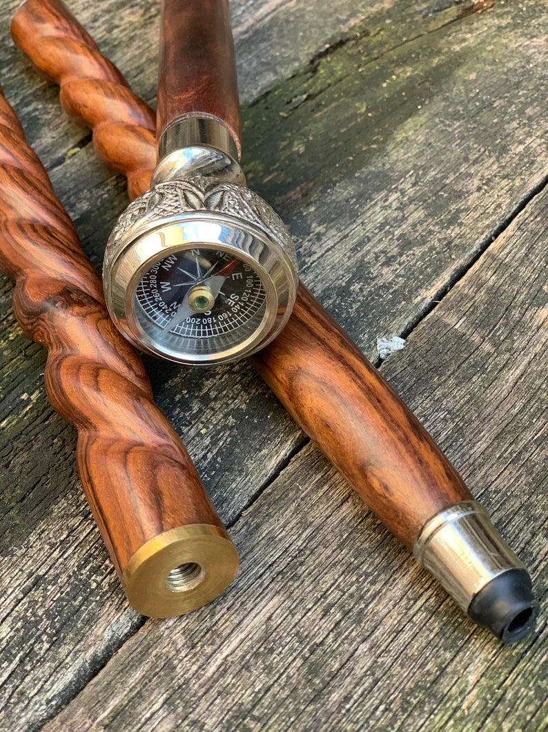 Brass Royal Handle Wood Walking Stick Cane 3 Part Open Stick