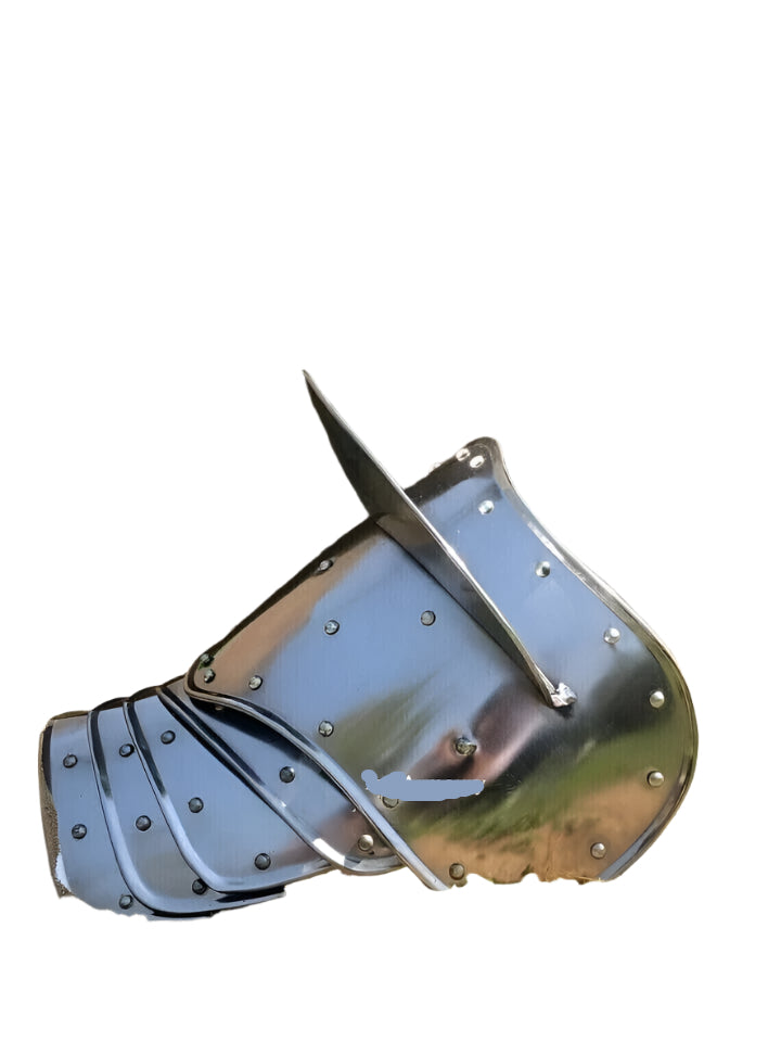 18-gauge steel spaulders set providing protection for forearms and elbows in LARP