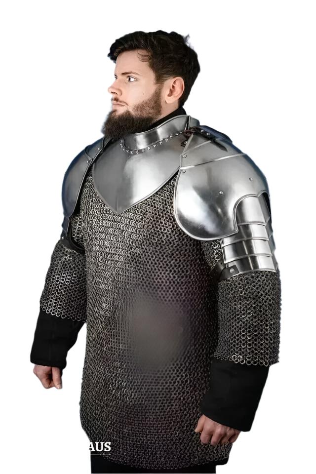 18G Steel LARP Armor - Pauldrons and Gorget with Adjustable Leather Straps