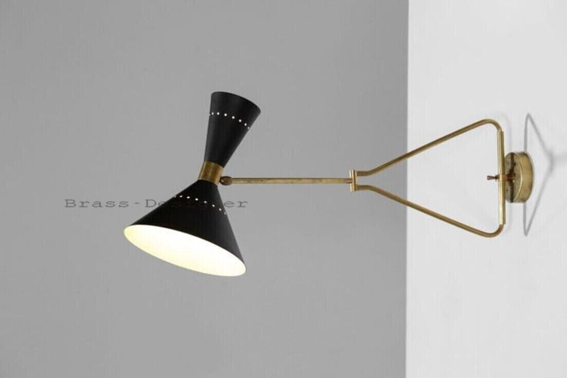 1950 Italian Brass Black Wall Lamp: Diabolo Cone, Stilnovo Sputnik Light, Swing Arm - Retro Handicrafts