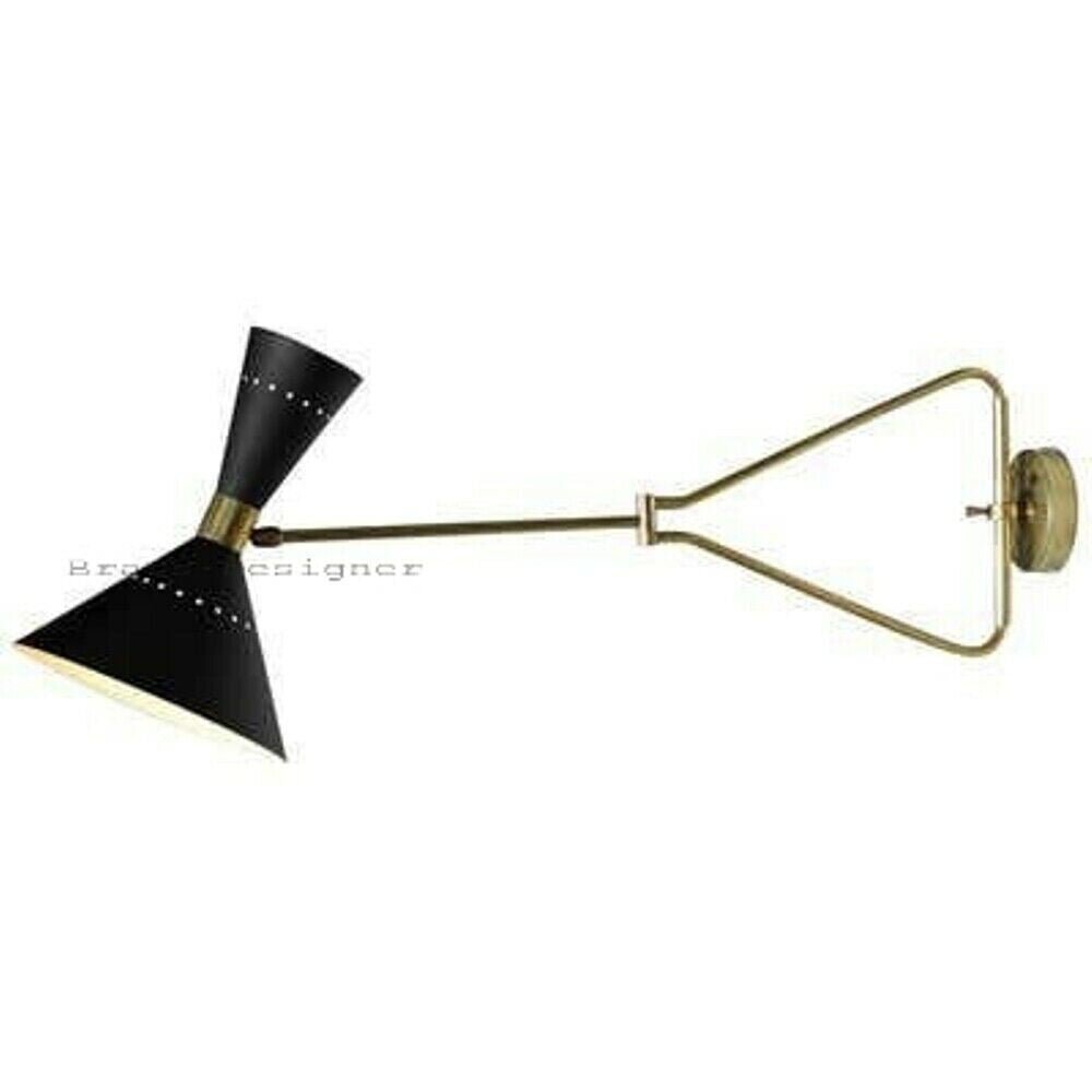 1950 Italian Brass Black Wall Lamp: Diabolo Cone, Stilnovo Sputnik Light, Swing Arm - Retro Handicrafts