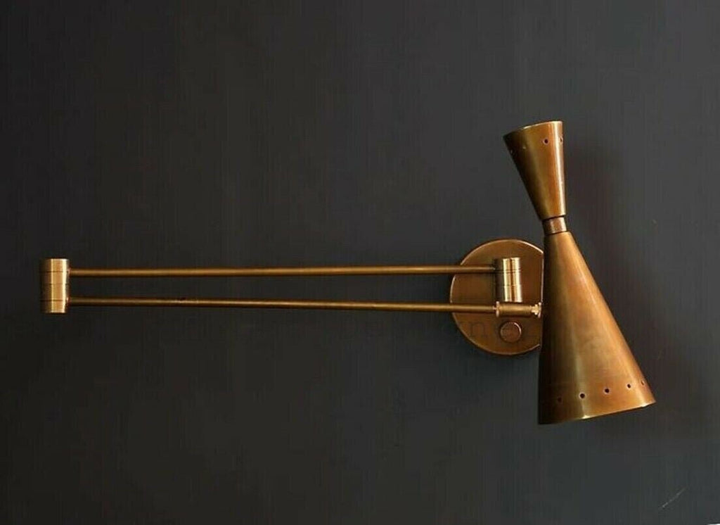 1950 Italian Brass Wall Sconce: Stilnovo Diabolo Cone, Sputnik Industrial, Antique - Retro Handicrafts