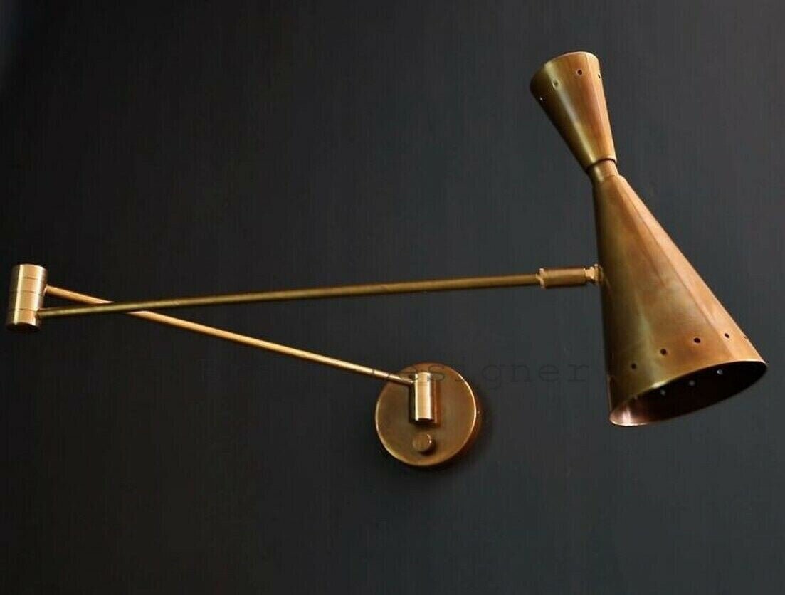 1950 Italian Brass Wall Sconce: Stilnovo Diabolo Cone, Sputnik Industrial, Antique - Retro Handicrafts