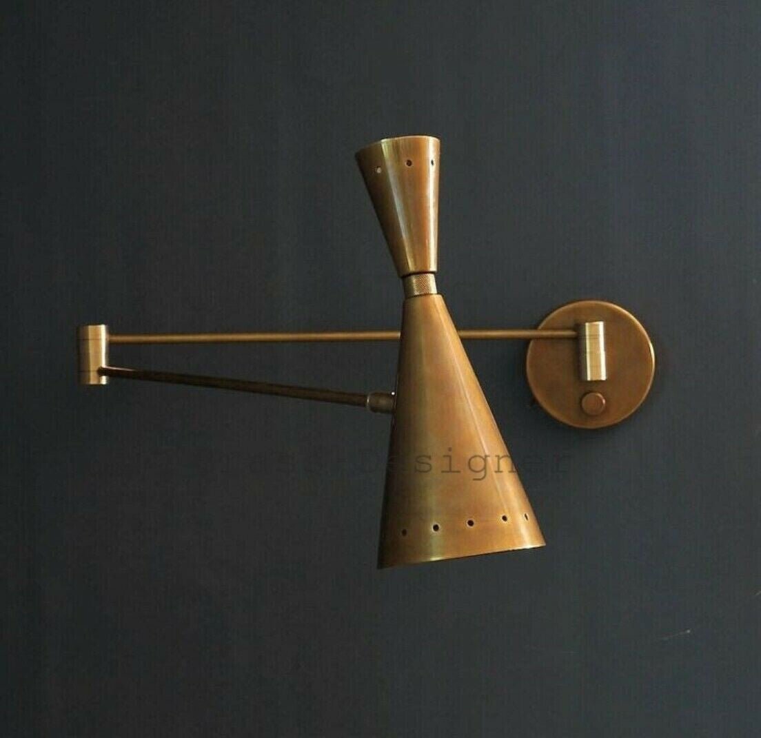 1950 Italian Brass Wall Sconce: Stilnovo Diabolo Cone, Sputnik Industrial, Antique - Retro Handicrafts