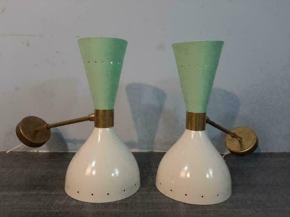 1950's Mid Century Brass Italian Diabolo Wall Sconce Light - Fixture 2 Bulb Pair - Retro Handicrafts