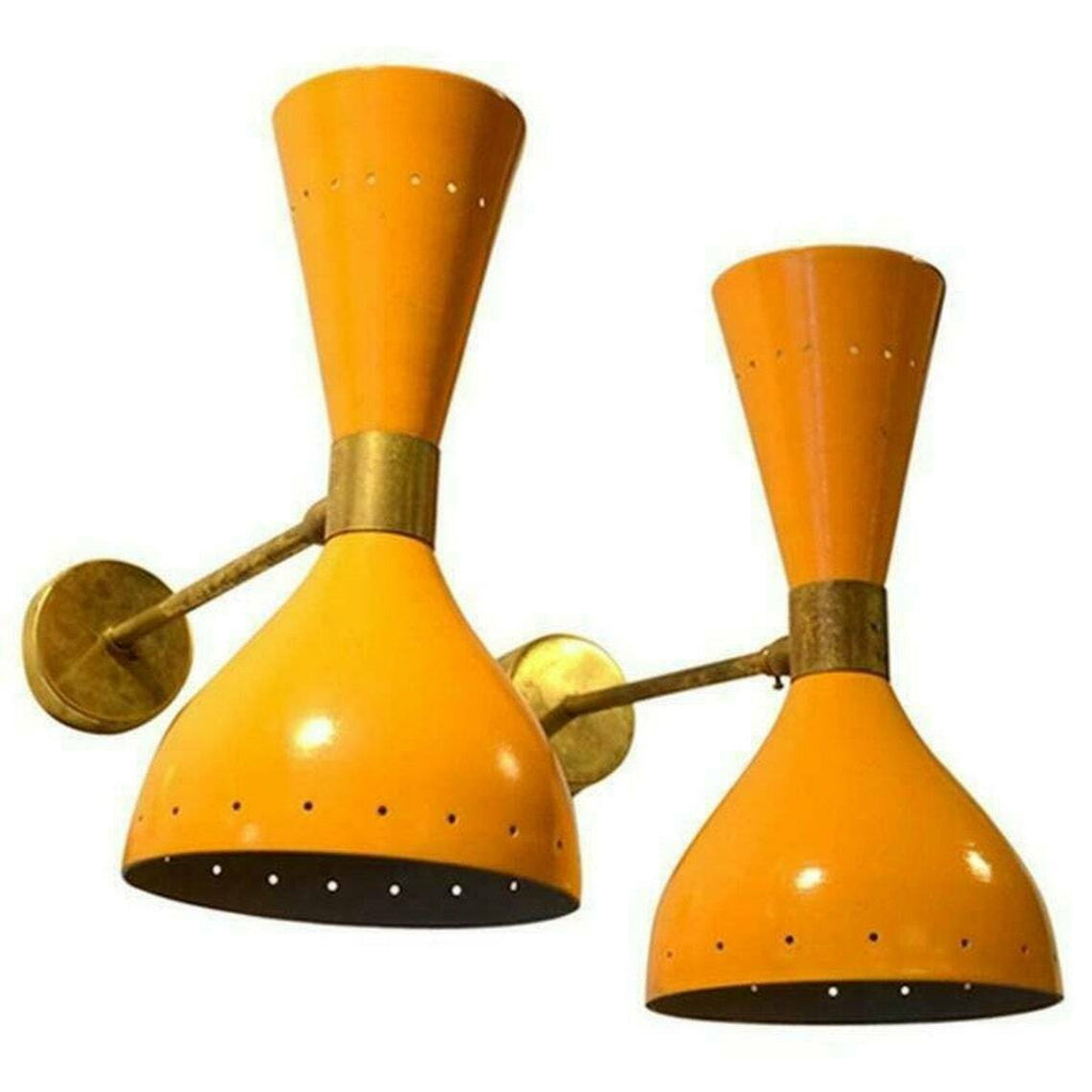 1950's Mid Century Brass Italian Diabolo Wall Sconce Light Fixture 2 Bulb Pair - Retro Handicrafts