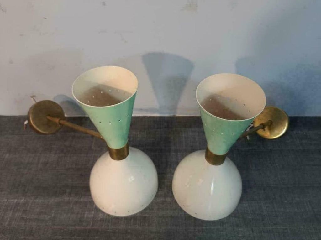 1950's Mid Century Brass Italian Diabolo Wall Sconce Light - Fixture 2 Bulb Pair - Retro Handicrafts