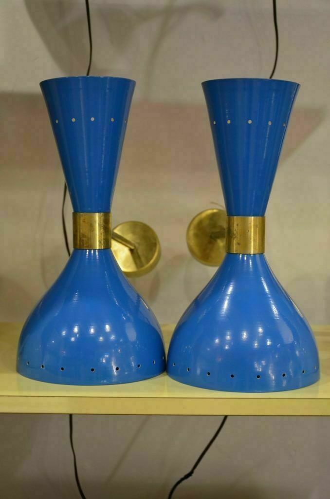 1950's Mid Century Brass Italian Diabolo Wall Sconce Light - Fixture Set of 2 - Retro Handicrafts