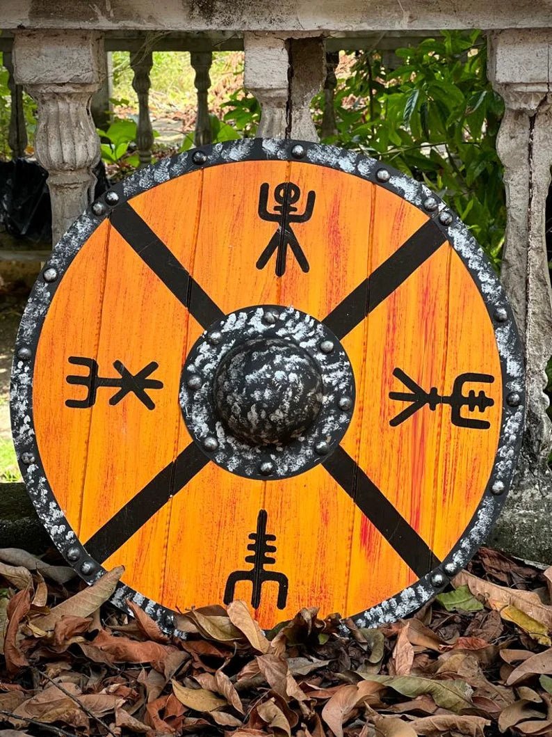 24 Inch Knight Battle Medieval Shield - Wooden Wall Décor with Dragon Ship Armor Design