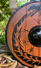 Close-up of the 24-inch Viking shield, highlighting the detailed wood finish and sturdy design, perfect for reenactments and cosplay