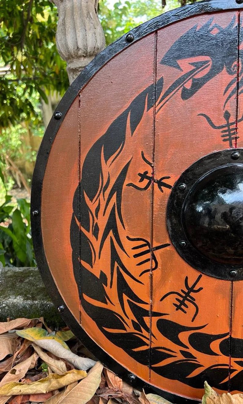 Close-up of the 24-inch Viking shield, highlighting the detailed wood finish and sturdy design, perfect for reenactments and cosplay