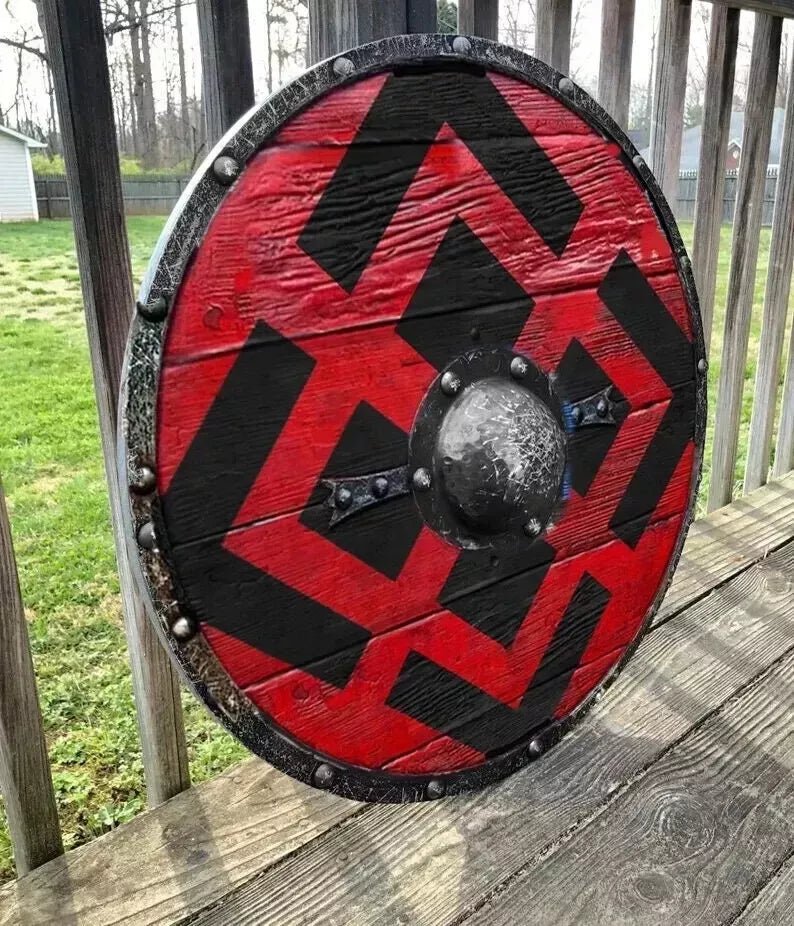 24” Medieval Round Viking Shield - Unique Vintage Design Wooden Wall Decor - Retro Handicrafts