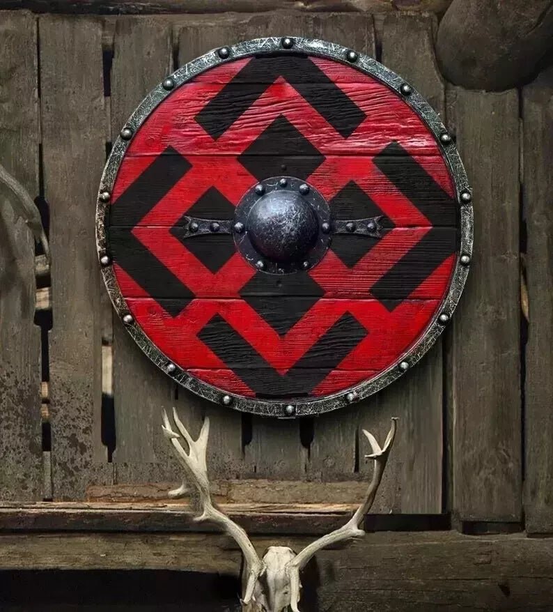 24” Medieval Round Viking Shield - Unique Vintage Design Wooden Wall Decor - Retro Handicrafts