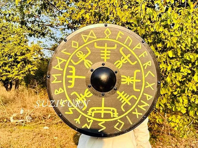 Nordic Wooden Viking Shield - Helm of Awe Design, Medieval Wall Decor & Halloween Prop