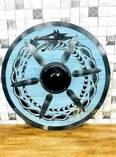 Medieval Hand-Painted Dragon Wooden Viking Shield - Battle-Ready LARP Armor Collectible