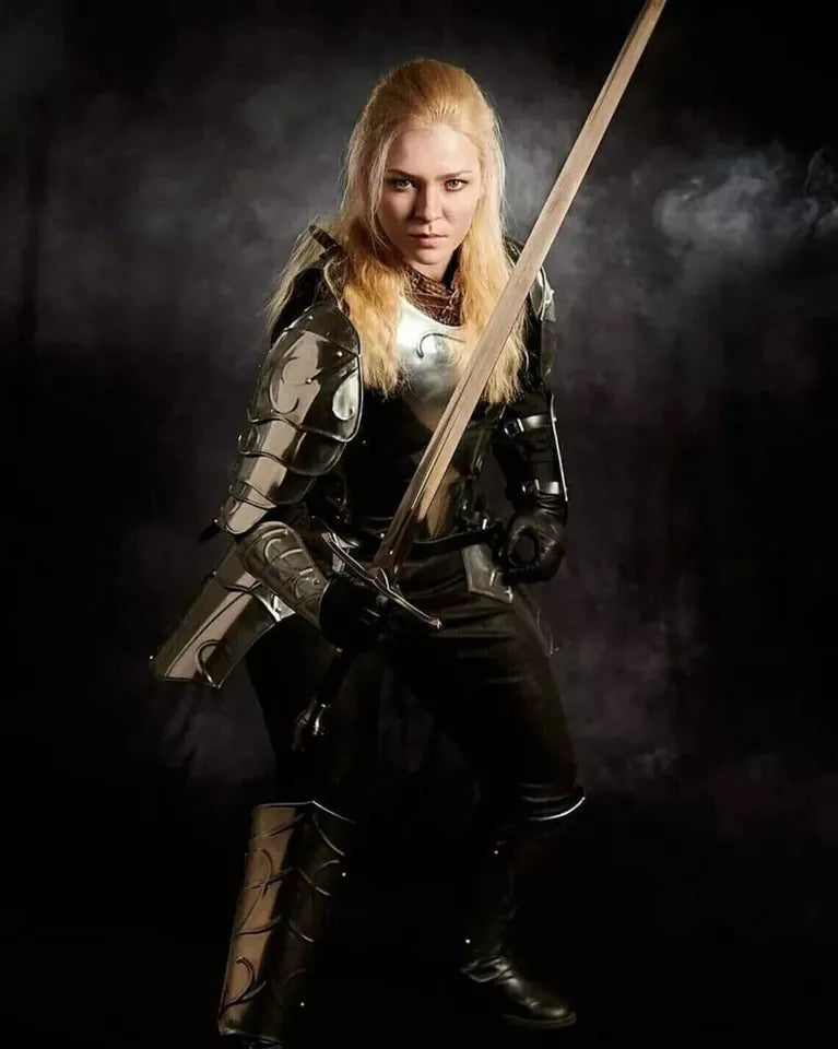 Blonde warrior in engraved armor, wielding sword in combat stance, dark smoky dramatic backdrop.