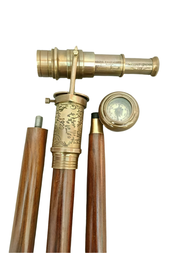 Close-up of the brass handle with working compass and spyglass on the Victorian Telescope Compass Working On Top Spyglass Handle Walking Stick.