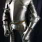 Full-size medieval knight suit armor made from iron steel, with intricate detailing and a polished finish, designed for display and wear.