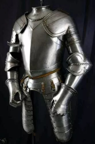 Full-size medieval knight suit armor made from iron steel, with intricate detailing and a polished finish, designed for display and wear.