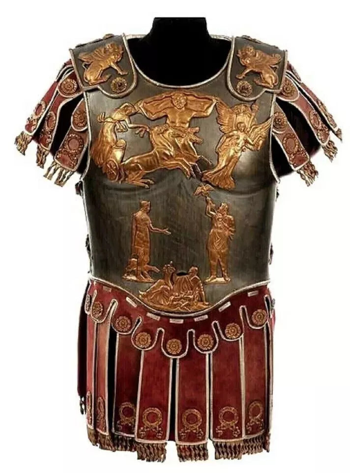 Medieval Roman Muscle Cuirass Armor Knight Breastplate with Skirt and Shoulder Protection, made of steel and brass, adjustable adult size for cosplay and reenactments.