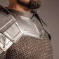 Adjustable leather straps on Dwalin's medieval pauldrons and gorget for a secure fit.