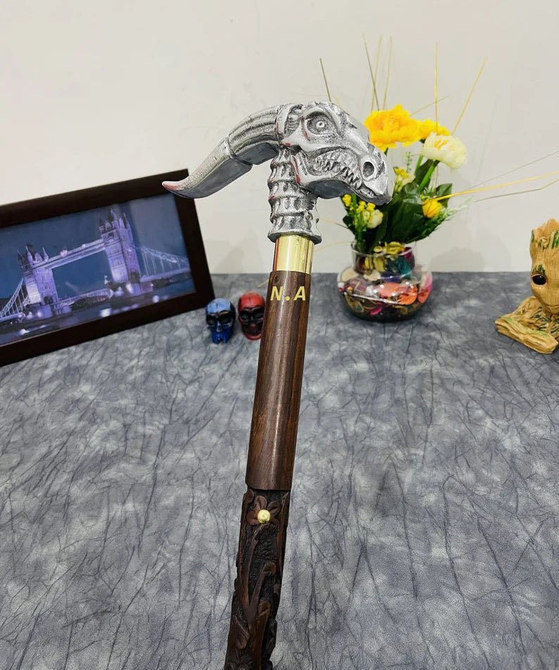 Dragon Head Walking Cane made from aluminum and wood, with a polished finish and Victorian style dragon handle, offering elegance and functionality.