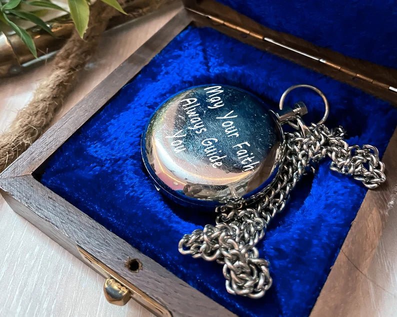 Antiquated silver compass necklace, personalized and engraved with a unique message for special occasions.
