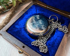 Antiquated silver compass necklace, personalized and engraved with a unique message for special occasions.
