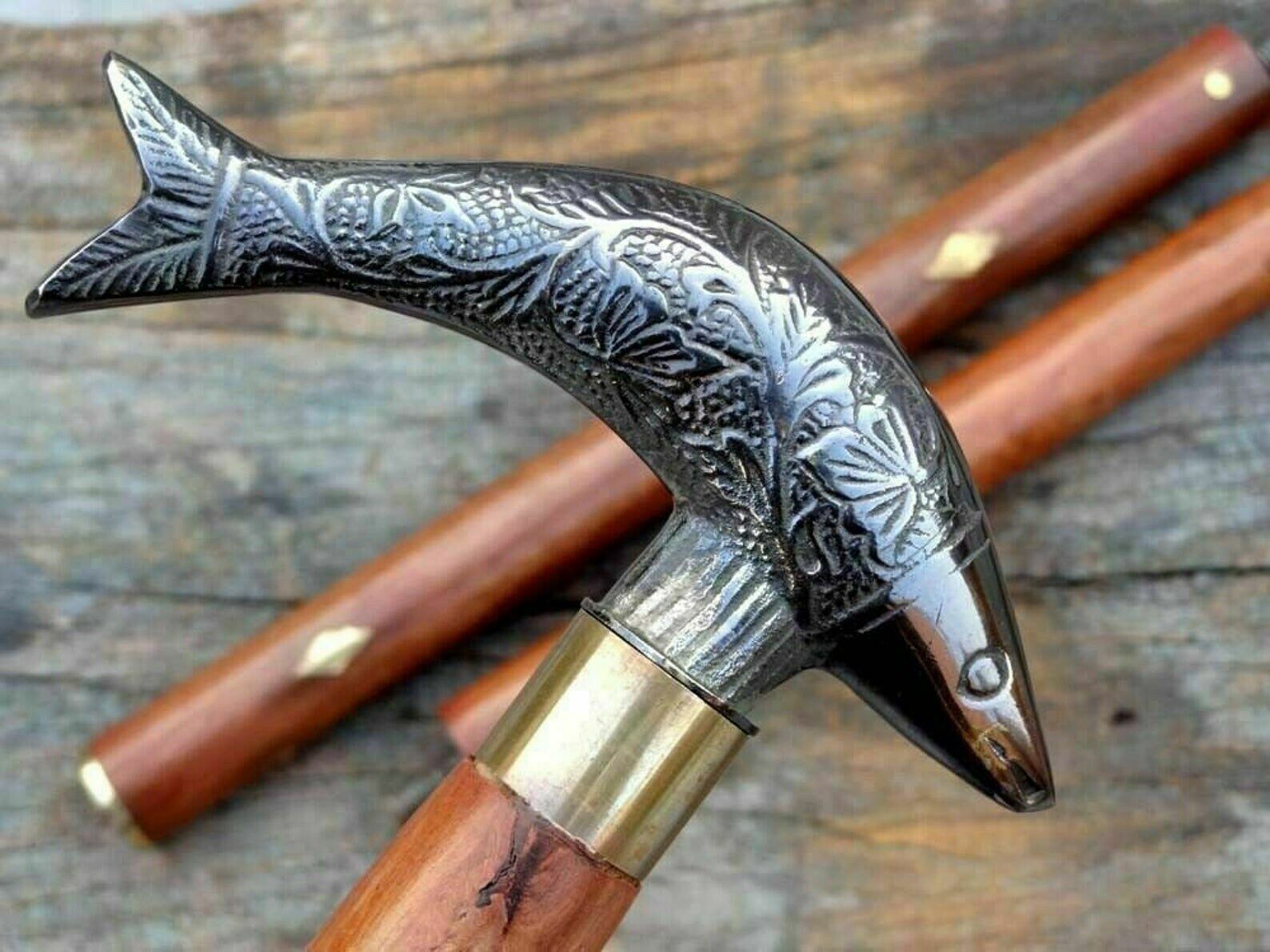 Antique Brass Nautical Walking Stick with Removable Brass Ring and Solid Indian Rosewood Handle