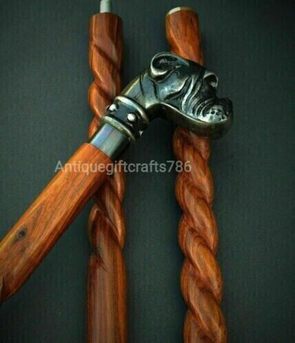 Antique Bulldog Head Handle Walking Stick Cane with solid brass handle and removable brass ring, crafted from Indian rosewood.