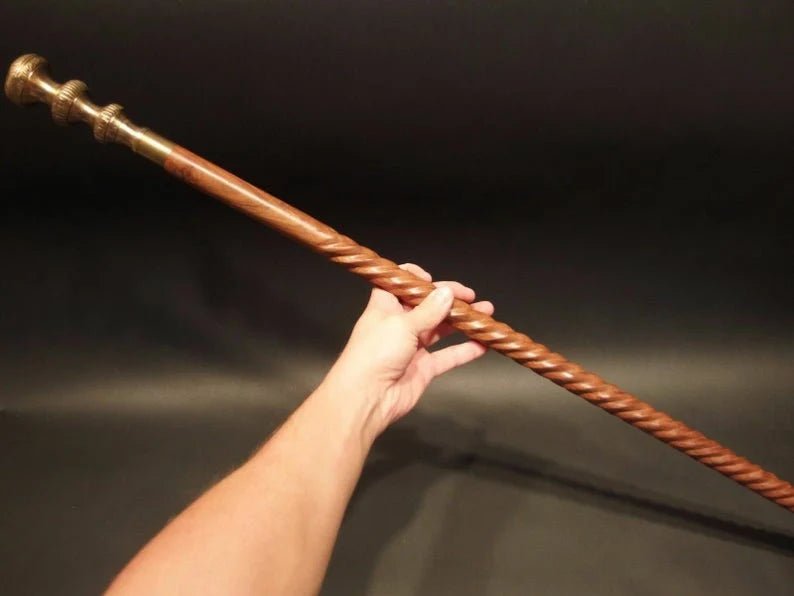 Antique Old Brass Rope Spiral Walking Stick with Brown Wooden Shaft and Brass Handle