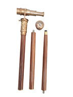Antique Victorian Walking Stick with Spyglass Compass Handle, Brass and Wood Construction