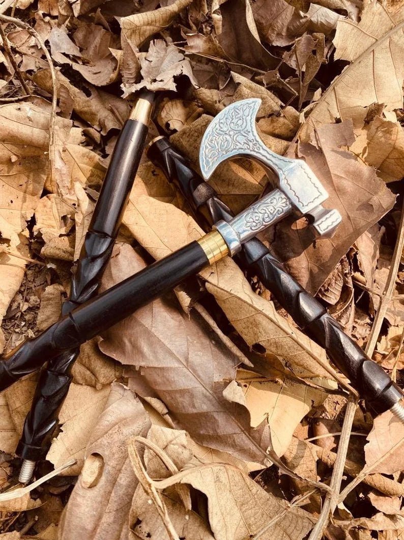 Antique vintage axe walking stick cane with aluminum chrome finish and Indian rosewood shaft, unique design for collectors and daily use.