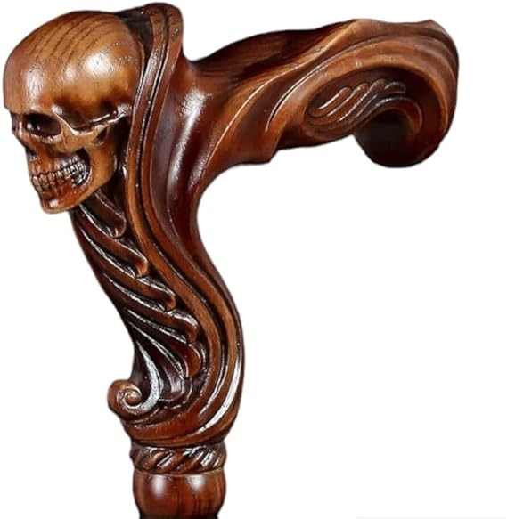 Antique-style wooden walking cane, 36 inches, with elegant skull carving and strong, lightweight design.