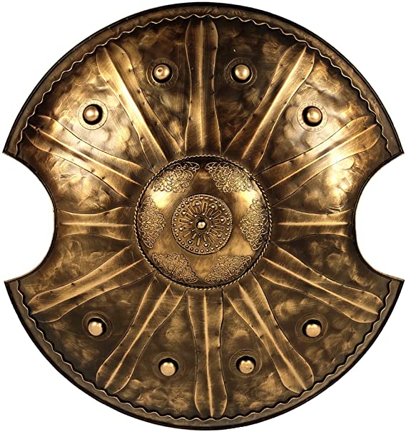 Authentic Trojan War shield, designed after Achilles' legendary shield, showcasing intricate details for historical reenactments.