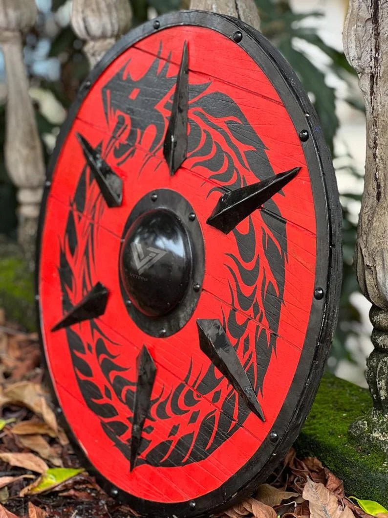Authentic handmade wooden Viking shield, designed for battle-readiness and historical accuracy, perfect for medieval enthusiasts and LARP.