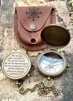 BE STRONG & Courageous Brass Compass engraved with Joshua 1:9, perfect gift for baptism, confirmation, and religious celebrations.