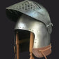 Close-up of the adjustable visor on a classic Bascinet helmet, perfect for combat or role-playing.