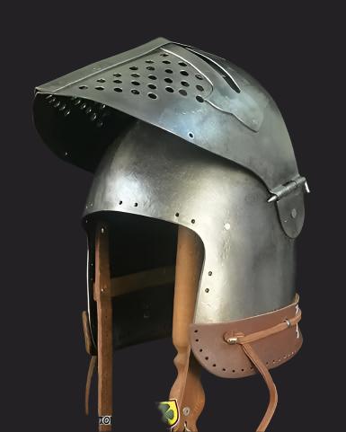 Close-up of the adjustable visor on a classic Bascinet helmet, perfect for combat or role-playing.