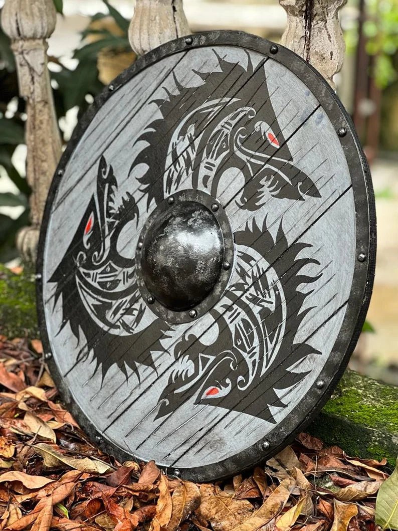 Action shot of the 24-inch wooden Viking shield in use during medieval combat. Designed for battle-readiness and providing strong defense.