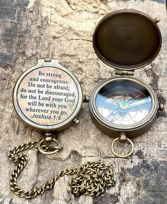 BE STRONG & Courageous Brass Compass | Engraved Religious Joshua 1:9 quote birthday gift, baptism confirmation gifts idea for boy girl - Retro Handicrafts