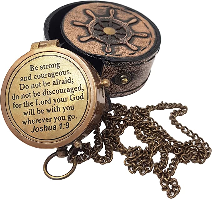 Front view of Be Strong and Courageous Engraved Compass featuring the Joshua 1:9 scripture, ideal for baptism and confirmation gifts.