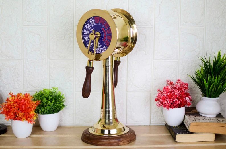Big Telegraph Handcrafted, Brass Engine Room Order Telegraph, Bell Sound Lever Movement Wooden - Retro Handicrafts