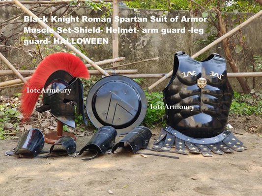 Black Knight Roman Spartan Suit of Armor Muscle Set Round Shield Helmet Arm & Leg guard Halloween Costume - Retro Handicrafts