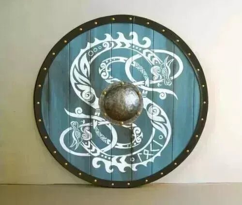 Handmade Blue Medieval Viking 24-inch Wooden Shield with heavy metal fittings, perfect for LARP and cosplay.
