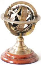 Brass Armillary Sphere Astrolabe On Wooden Base Maritime Nautical & Collectible - Retro Handicrafts
