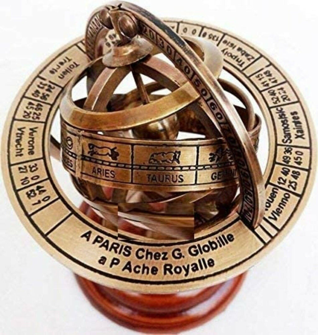Brass Armillary Sphere Astrolabe On Wooden Base Maritime Nautical & Collectible - Retro Handicrafts