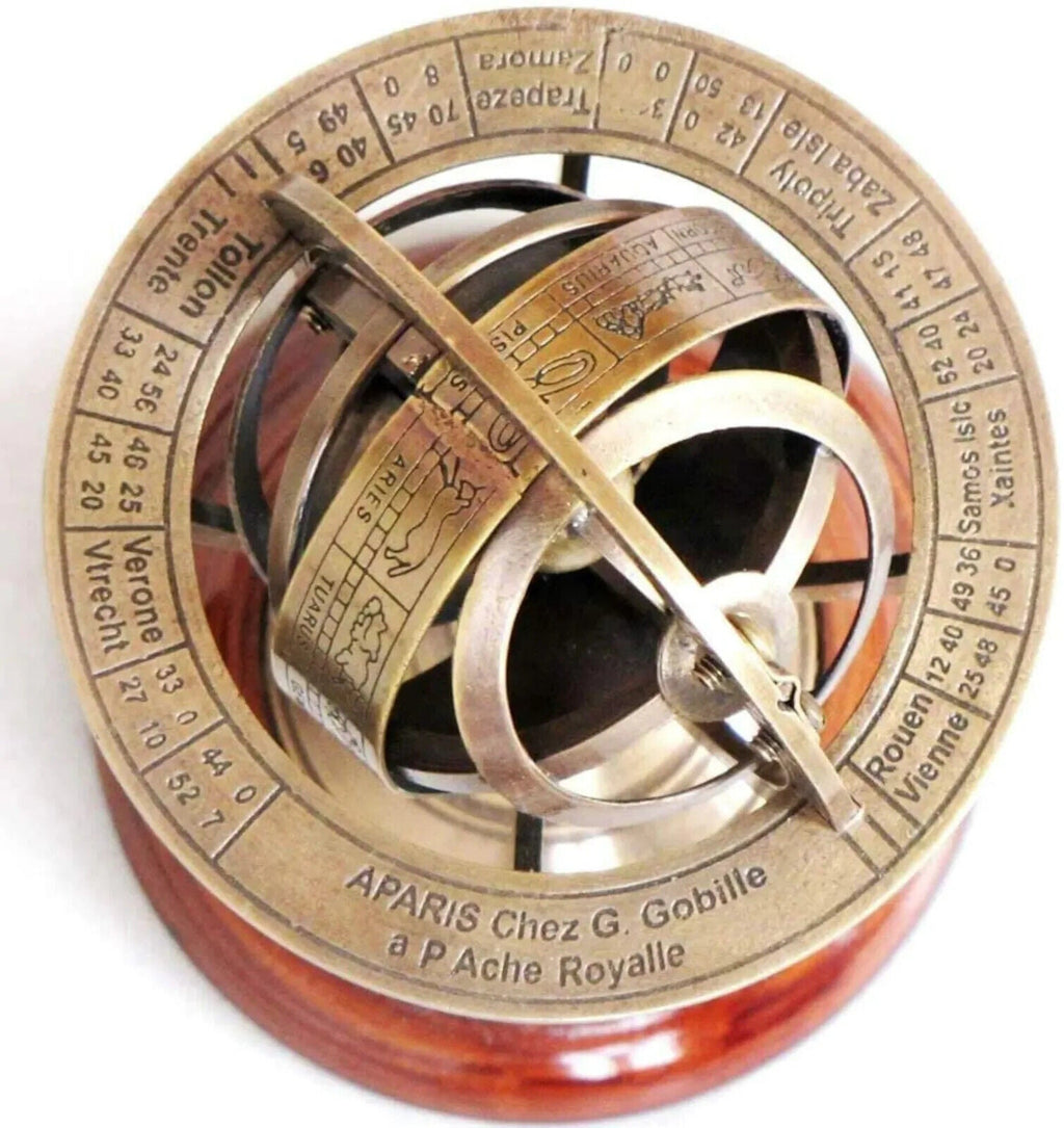Brass Armillary Sphere Astrolabe On Wooden Base Maritime Nautical & Collectible - Retro Handicrafts